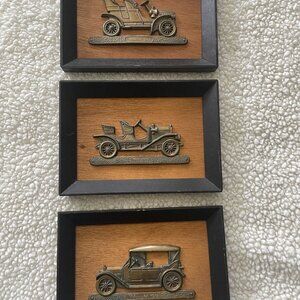 Vintage Brass Auto Plaques Chevy Buick Cadillac Made in Japan Wood Wall Hangings